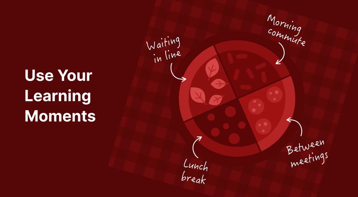 Illustrated pizza chart divided into four microlearning moments on a dark red background, showing how learners can fit modules into morning commute, lunch break, and meetings