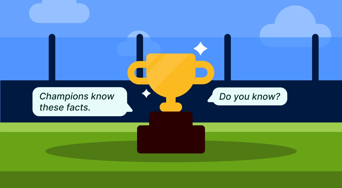 Illustrated golden trophy on a football field with goalposts and blue sky background, speech bubbles with sports trivia quiz prompts