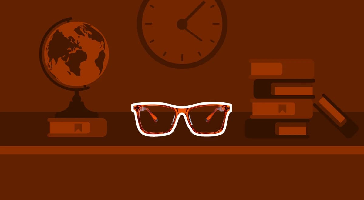 Red-framed glasses on a desk with a globe, wall clock, and stacked books on a warm brown background, representing critical thinking and life skills for everyday learning