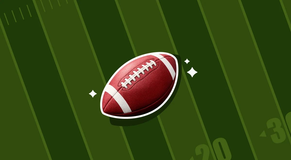 Shiny American football with sparkle effects on a dark green field with yard line markings, sports trivia concept illustration