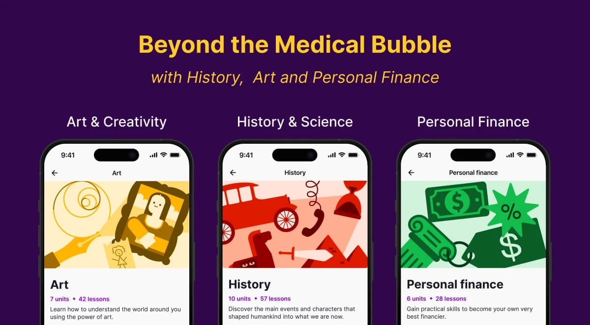Nibble app interface showing Art & Creativity, History & Science, and Personal Finance microlearning courses on a dark purple background