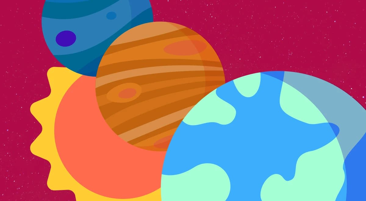 solar system featuring Earth, Jupiter, a blue planet, and the sun grouped together against a dark red starry space backgroundx