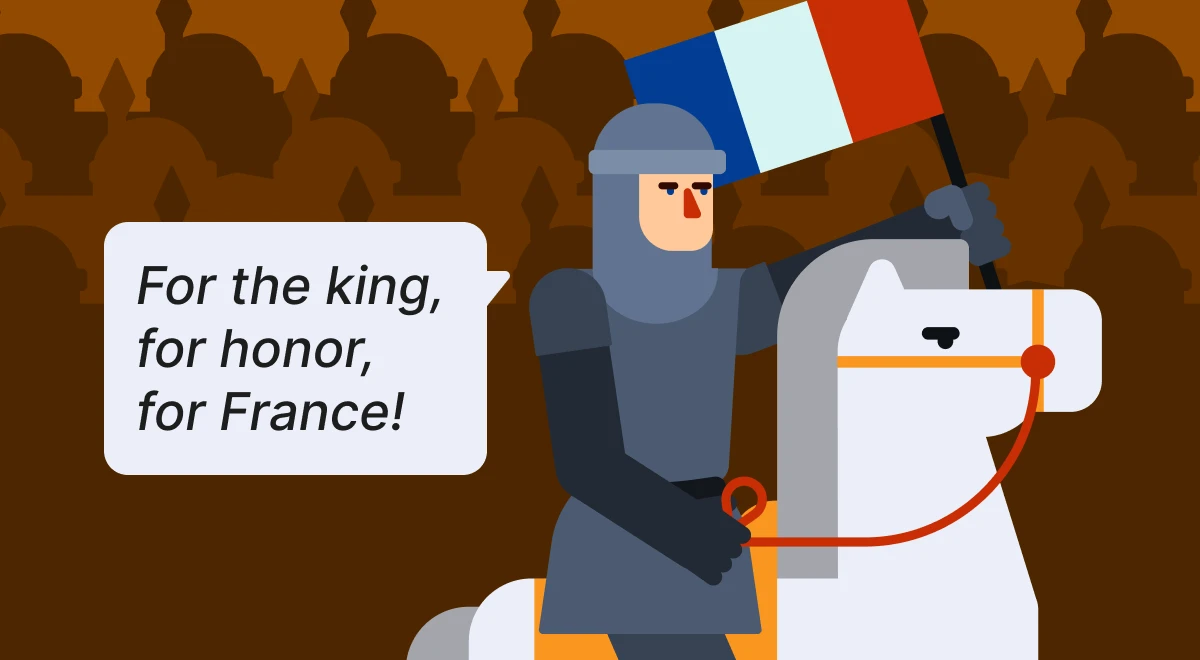 Illustrated knight on horseback holding a French flag against an orange crowd background, representing history trivia and bite-size history lessons