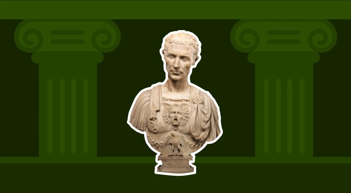 Marble bust of a Roman ruler centered between two decorative red columns on a deep green background, illustrating world history for beginner learners studying online courses