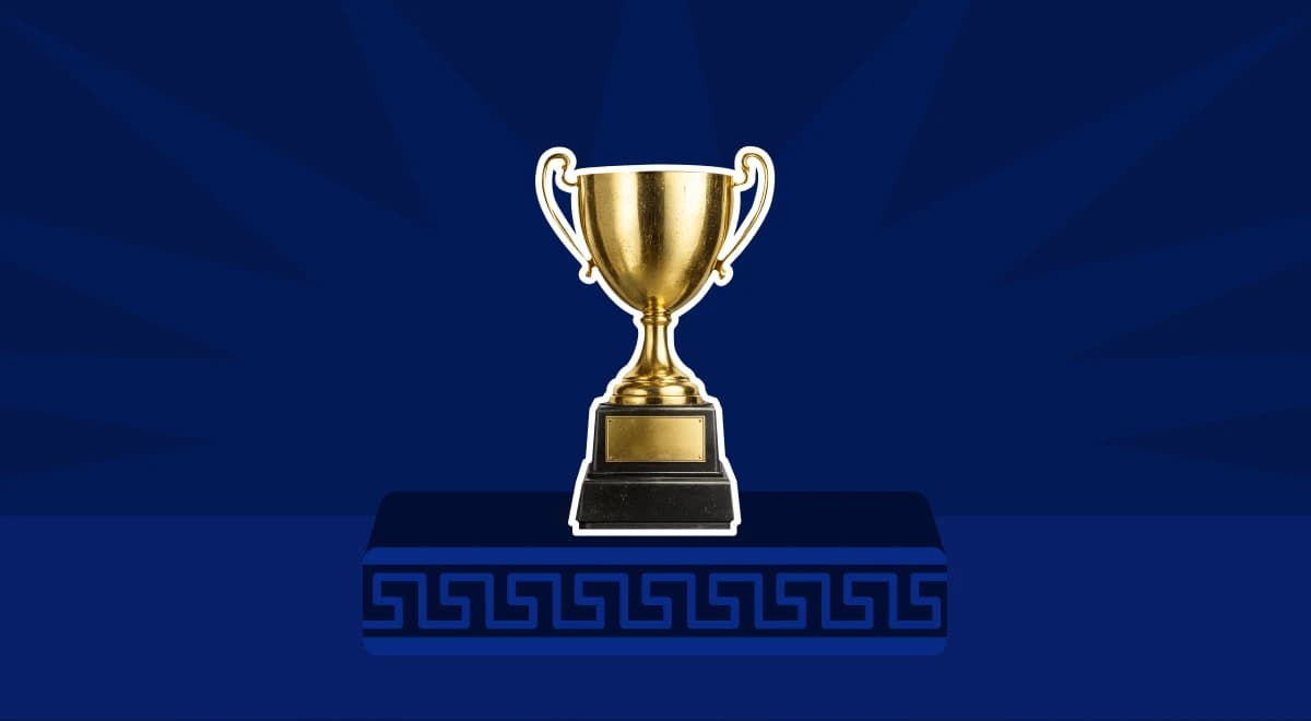 Gold trophy centered on a dark blue pedestal with Greek meander border pattern, set against a deep blue background with radiating light rays, symbolizing best self-improvement apps