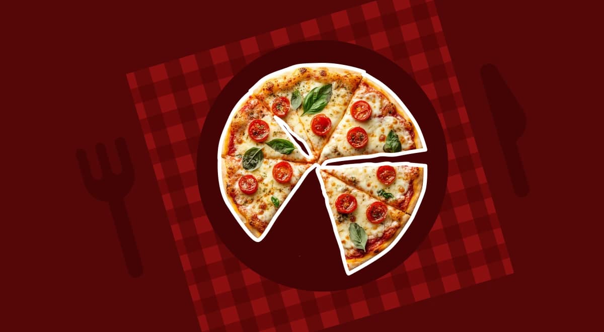 Overhead photo of a sliced pizza on a dark red checkered background, used as a visual metaphor for breaking a learning journey into digestible microlessons and modules