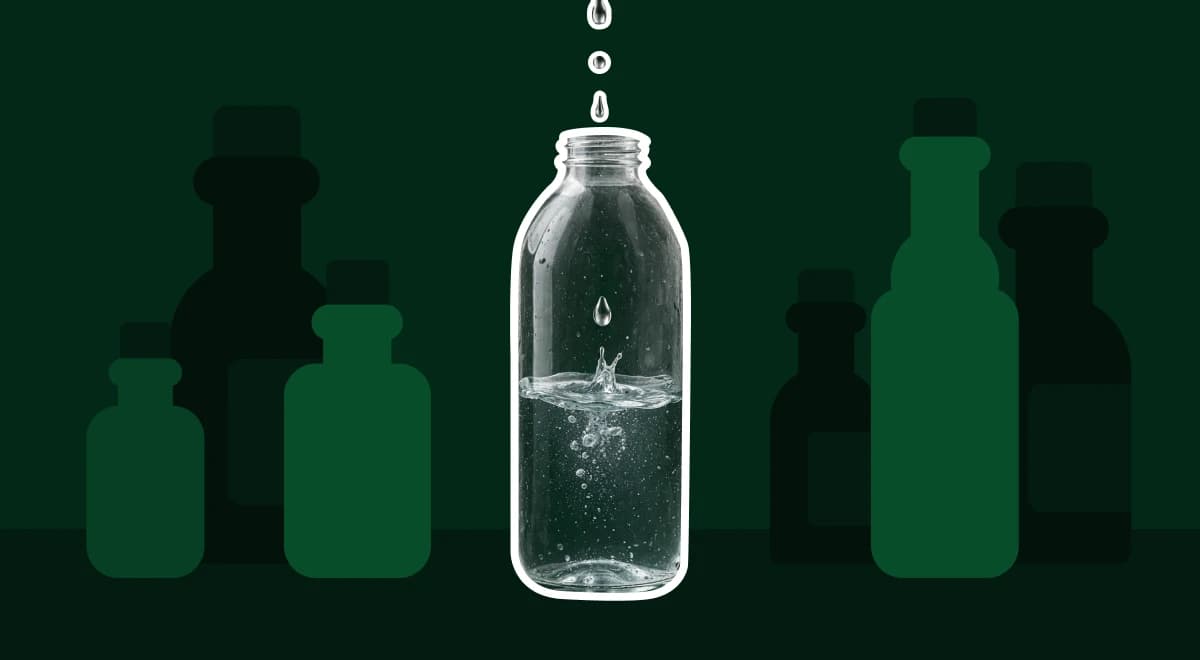 Glass bottle with a water drop falling inside, surrounded by dark green bottle silhouettes on a deep green background, illustrating atomic habits and small daily self-improvement