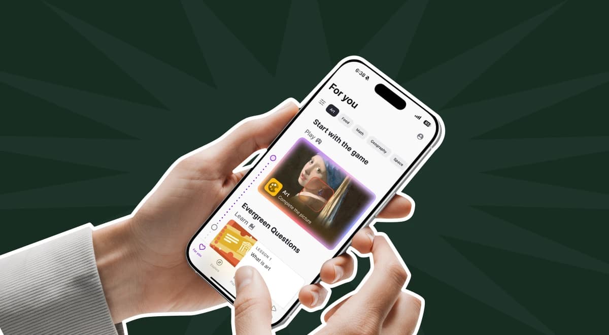 Hands holding a smartphone displaying a microlearning app with quizzes and art category lessons on a dark green starburst background