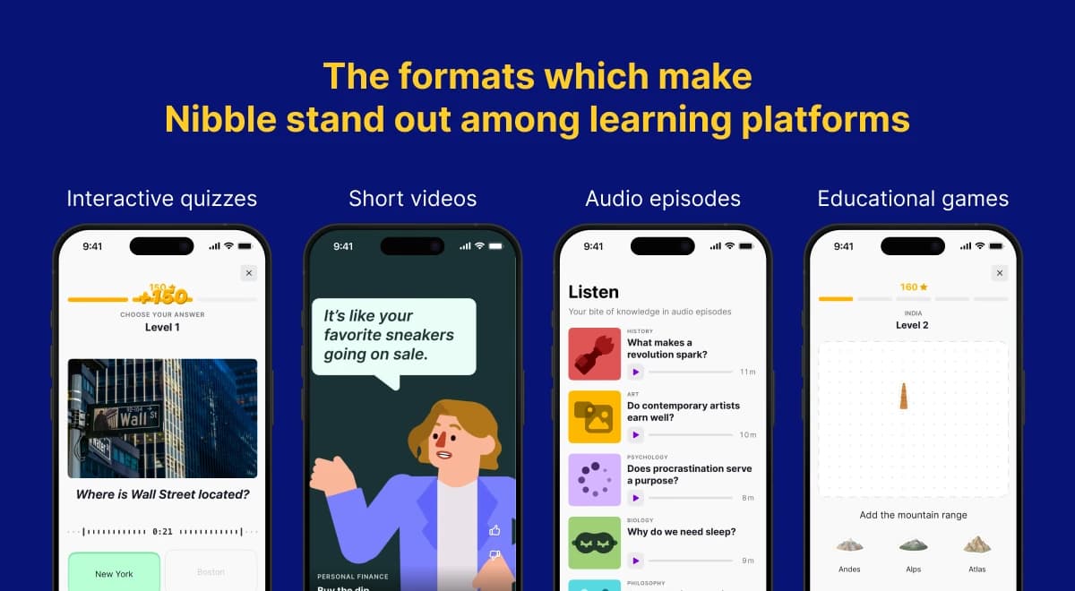 Nibble app screens showcasing interactive quizzes, short videos, audio episodes, and educational games as engaging Quizlet alternatives for learners, on a dark blue background
