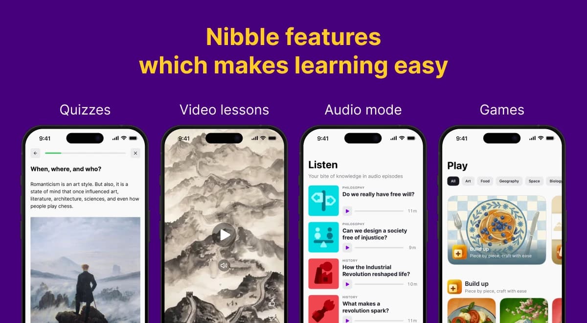 Nibble app features overview on purple background with four smartphone screens showing quizzes, video lessons, audio mode, and games designed to make daily learning