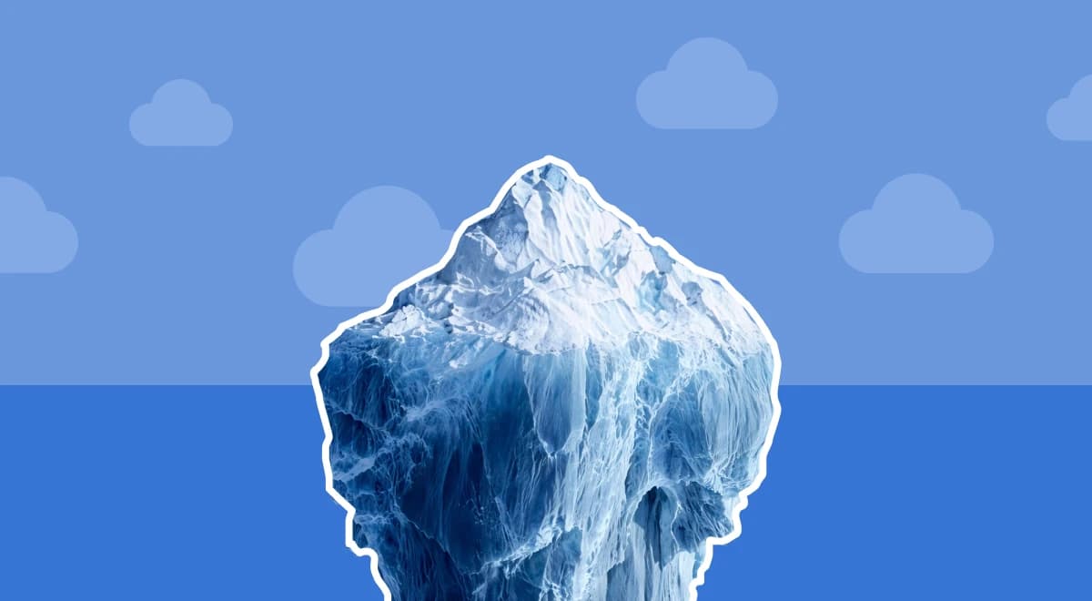 Iceberg emerging from a blue ocean under a cloudy sky with sparkle accents, symbolizing hidden personal growth and self-improvement potential