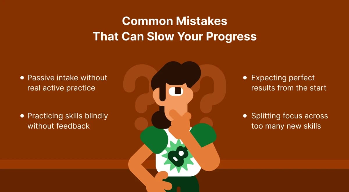 Illustrated infographic on a brown background listing common mistakes that slow learners' progress, with a cartoon person surrounded by question marks and tips for deliberate practice