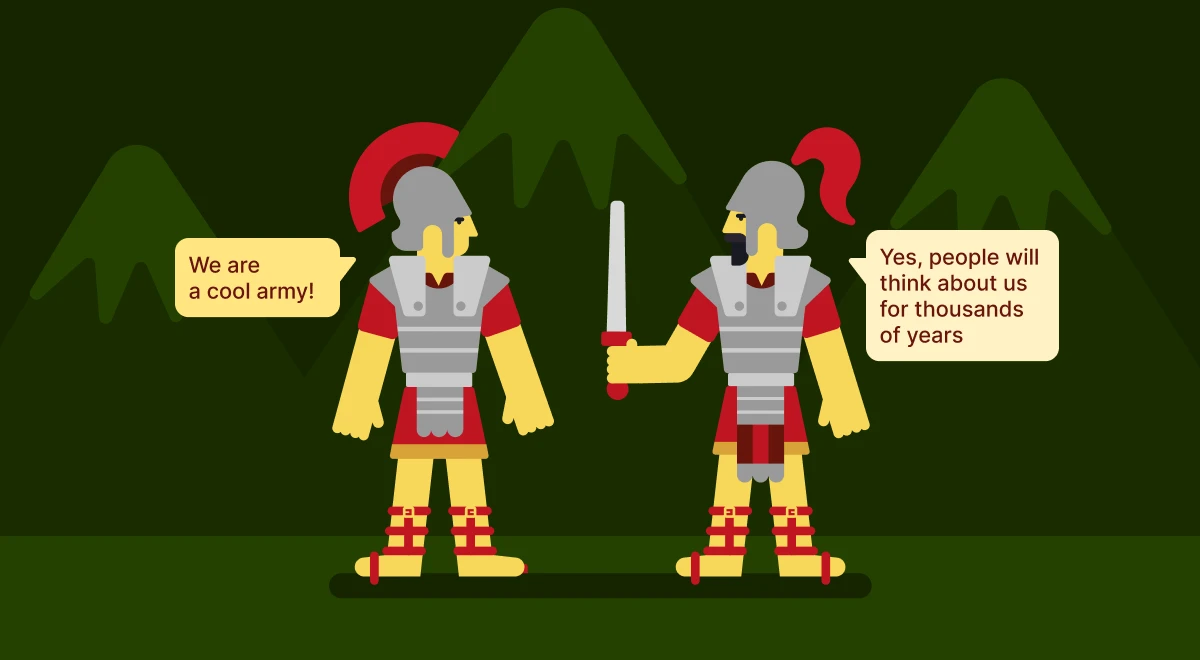 Two cartoon Roman soldiers in gold and gray armor talking against a green mountain background, representing world history quizzes and study history content for beginners