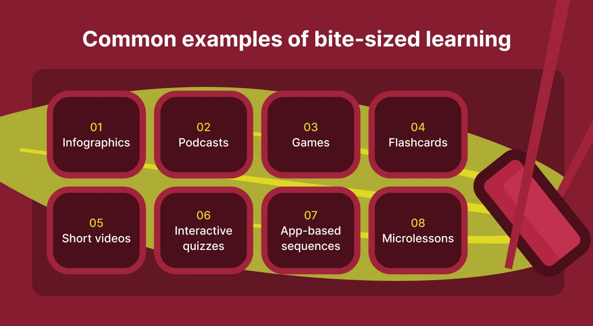 Infographic on dark red background listing examples of bite-sized learning including infographics, podcasts, games, flashcards, quizzes, short videos, app-based sequences, and micro lessons