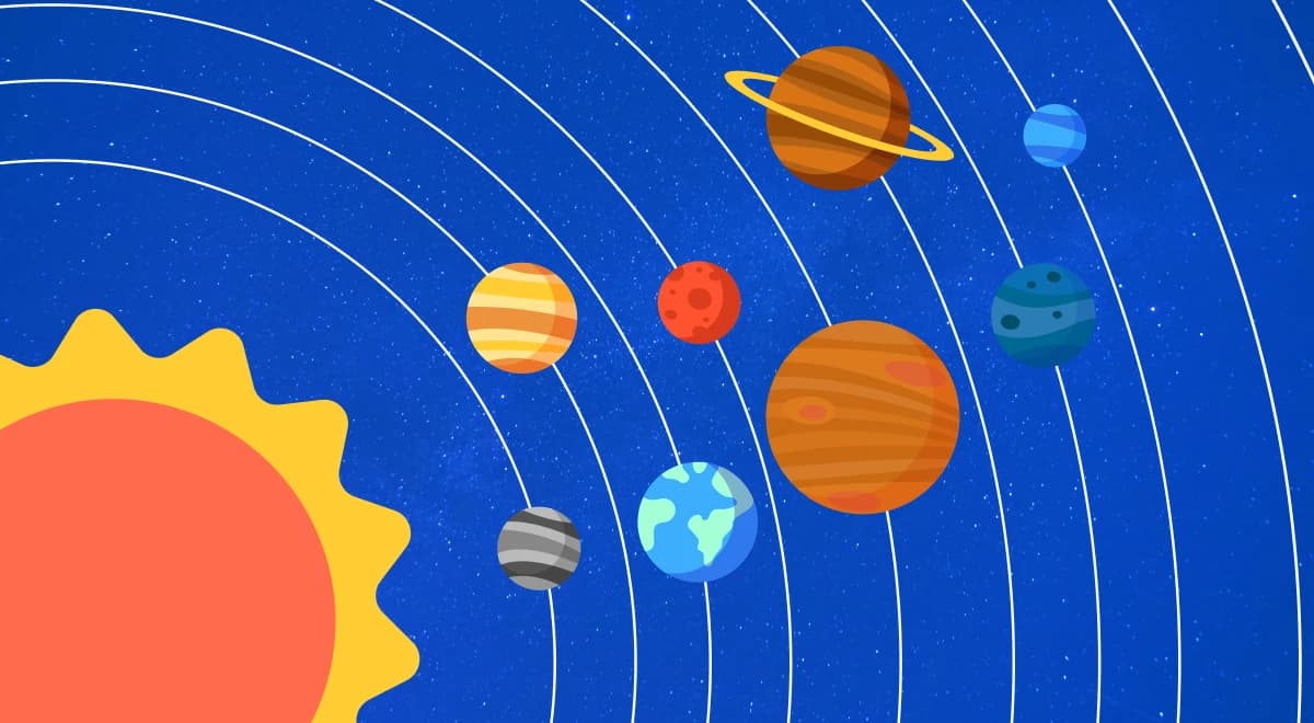 solar system with the sun and all planets aligned along curved orbital paths against a dark blue starry background, representing the natural world