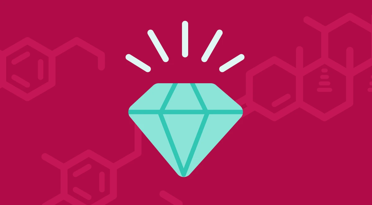 Glowing teal diamond with radiating light rays centered on a dark red background with repeating hexagonal molecular pattern, representing a science trivia category