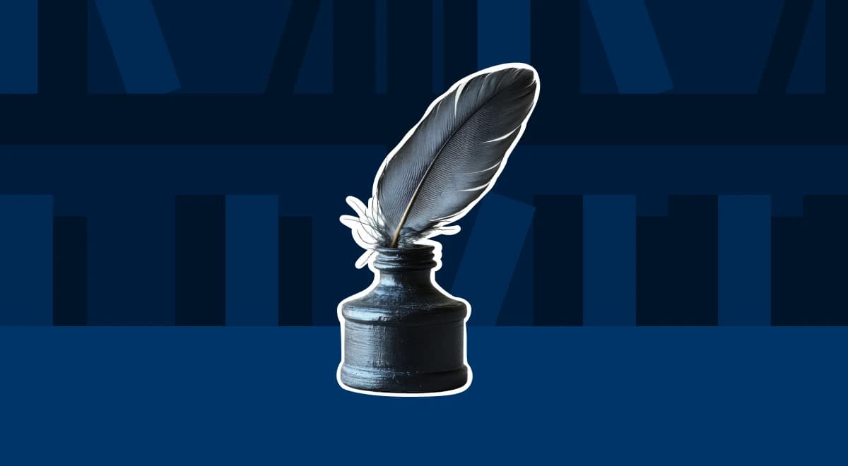 Quill pen dipped in a black ink bottle centered on a dark navy blue background with abstract geometric patterns, symbolizing the study of history and learning from the past