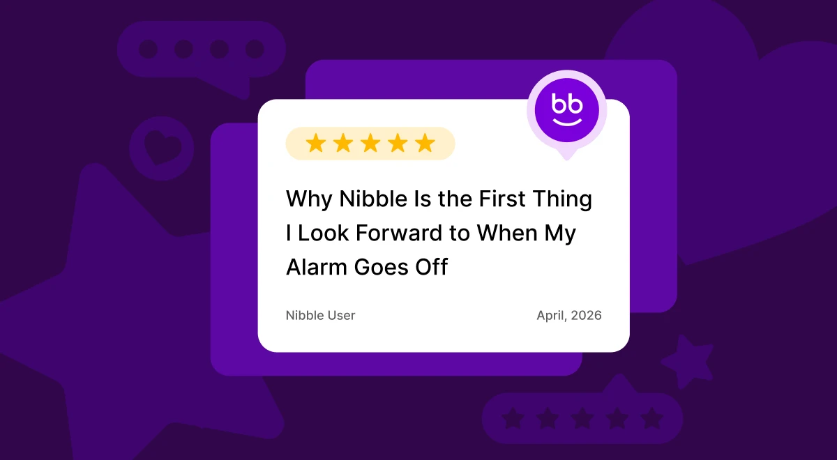 Nibble app user review card with five gold stars on a dark purple background with decorative chat bubble illustrations, praising the microlearning experience