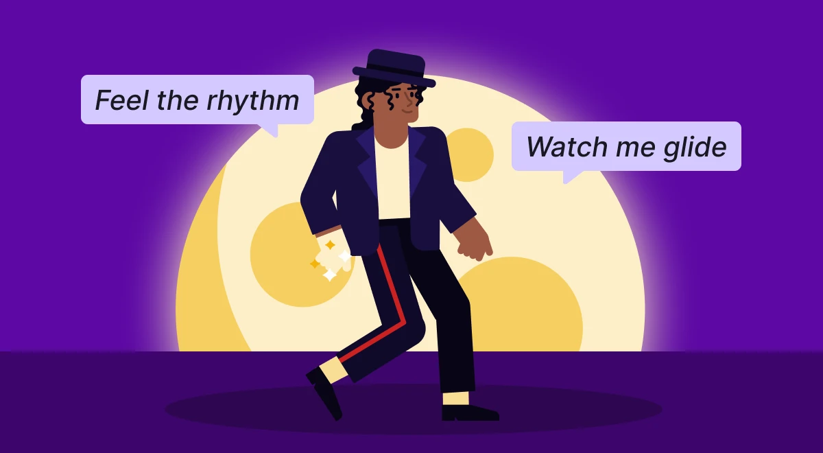 Illustrated dancer in a blue suit and hat performing under a yellow spotlight on a purple background, representing pop culture trivia and bite-size music lessons