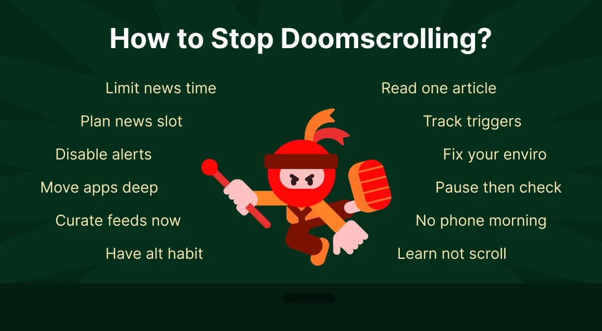 Animated ninja mascot on a dark green background surrounded by tips on how to stop doomscrolling and reduce social media screen time for better mental health