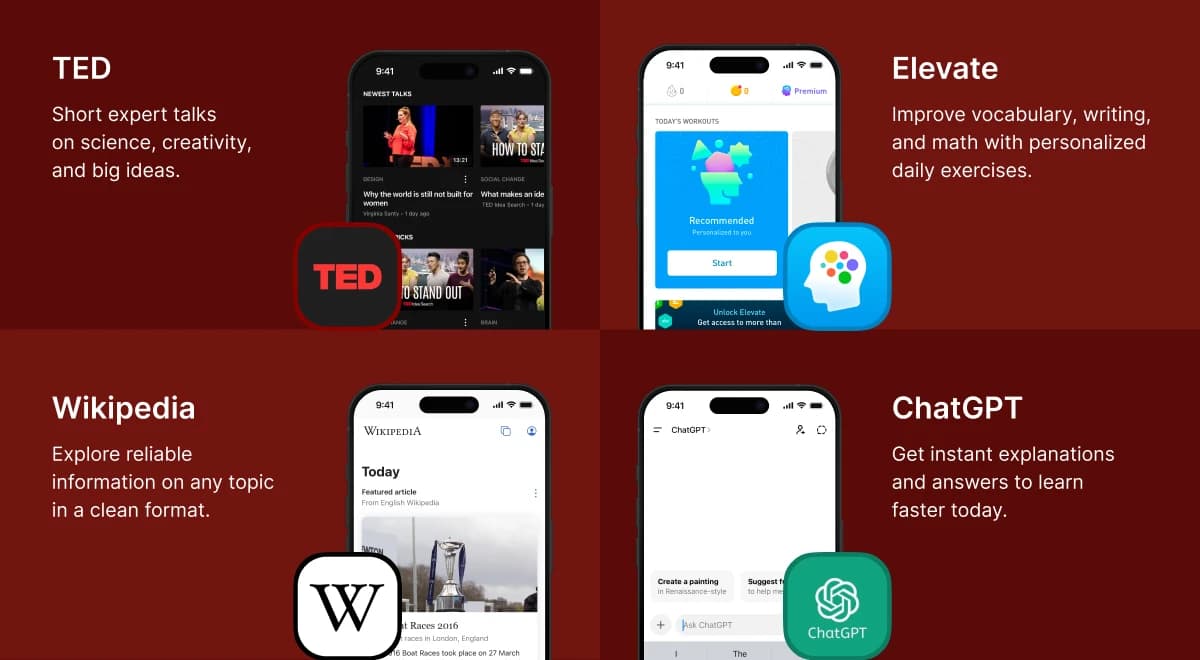 TED, Elevate, Wikipedia, and ChatGPT apps shown on smartphone screens against a dark red background — best apps for brain training and problem-solving