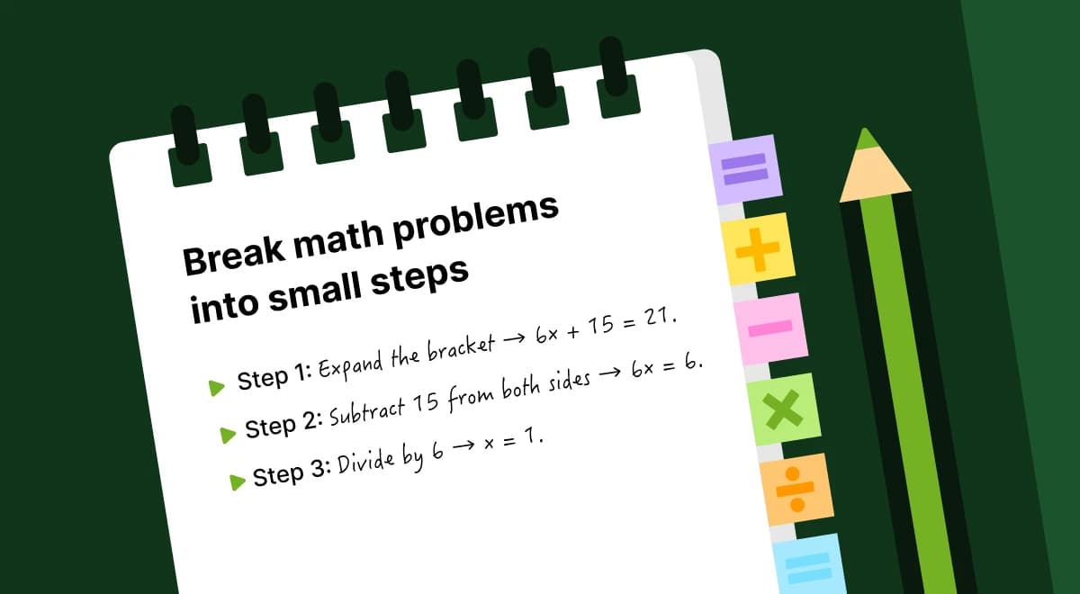 White spiral notebook with green pencil and colorful math symbol tabs on dark green background, illustrating how learners can break math problems into small steps