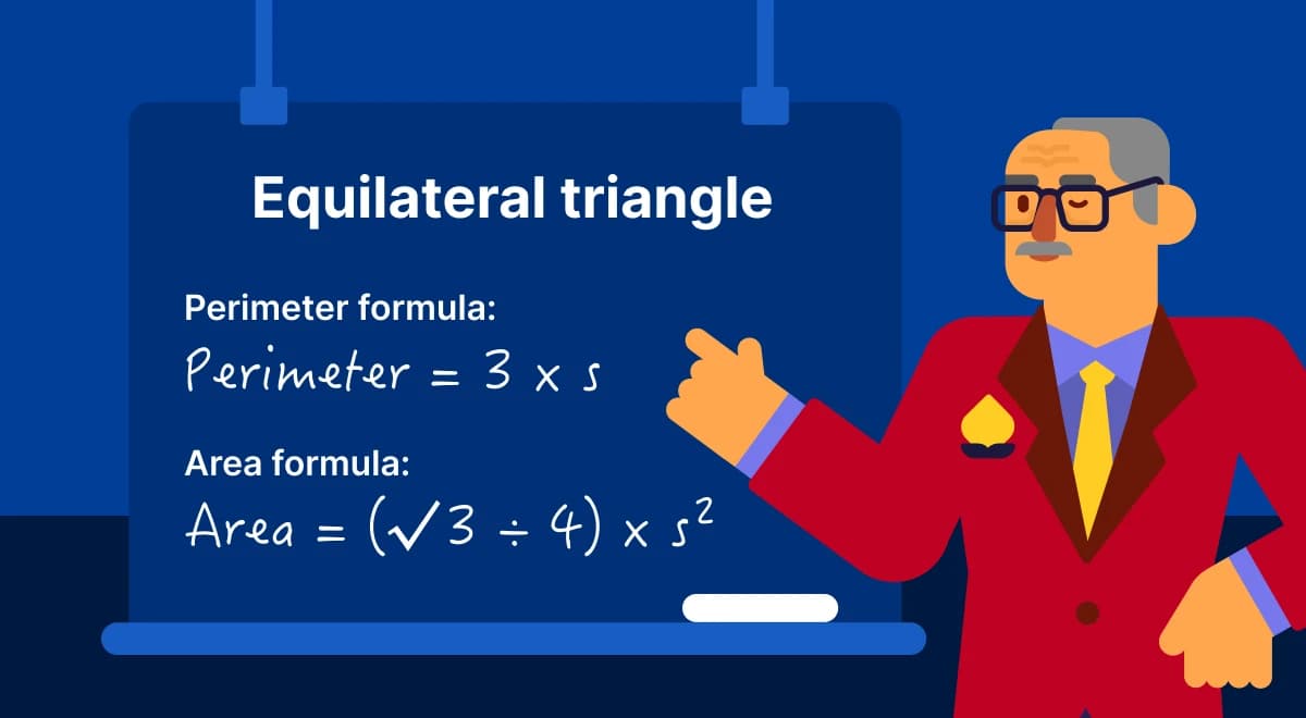 Animated teacher in a red suit pointing to a chalkboard showing equilateral triangle perimeter and area formulas on a blue background