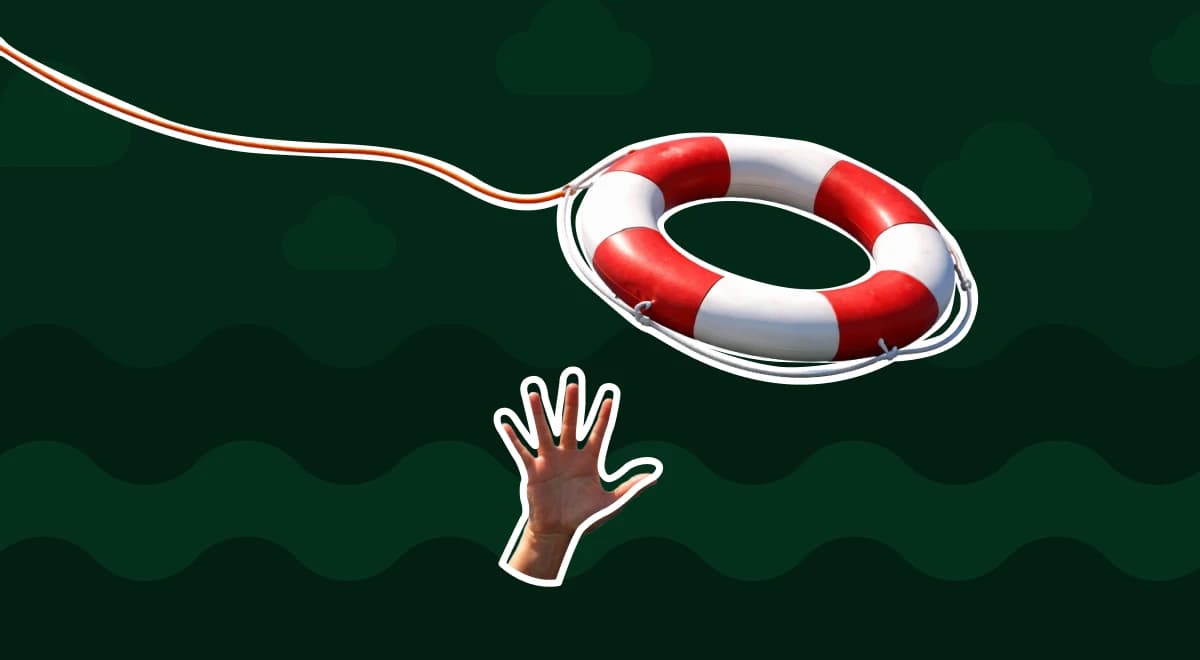 Red and white life preserver thrown toward a hand reaching out of dark green wavy water, symbolizing help to stop doomscrolling and protect mental health from social media and screen time