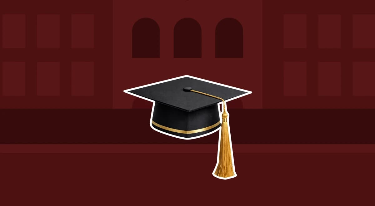 Black graduation cap with gold tassel centered on a dark red background featuring arched windows of a university building, symbolizing best educational apps