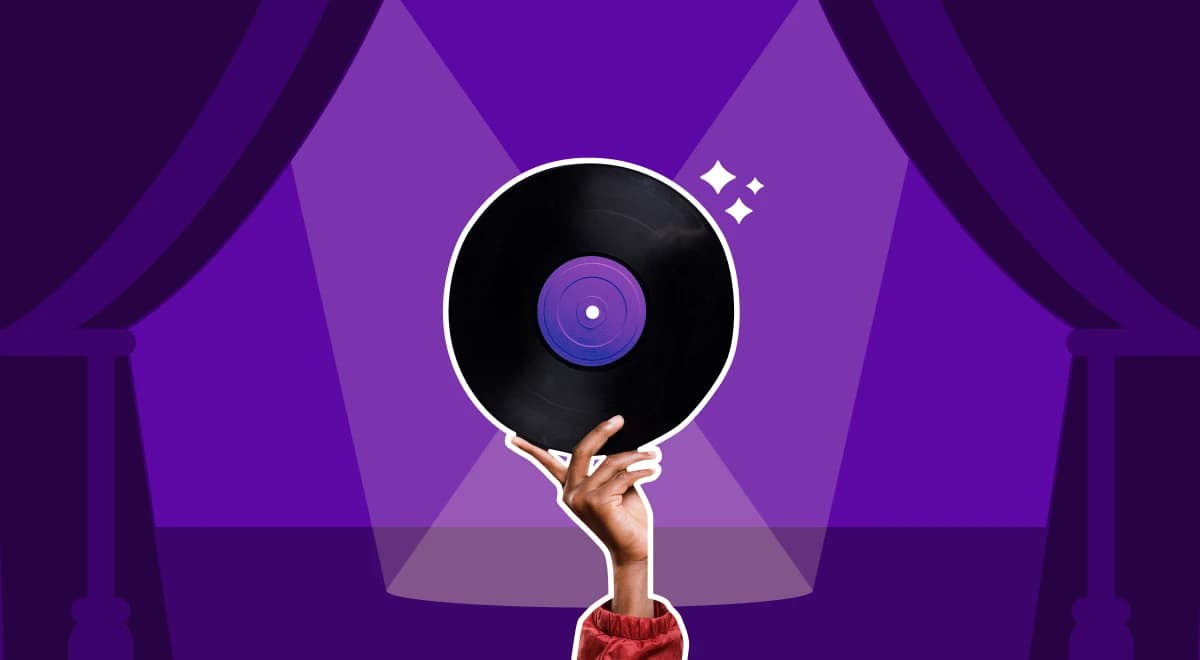 Hand holding a vinyl record under a spotlight on a purple stage with curtains, representing bite-size music lessons and pop culture trivia