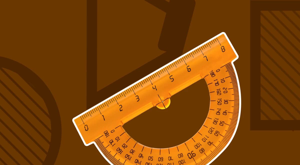 Orange transparent protractor on a dark brown geometric background, used to illustrate measuring interior angles and side lengths of regular polygons