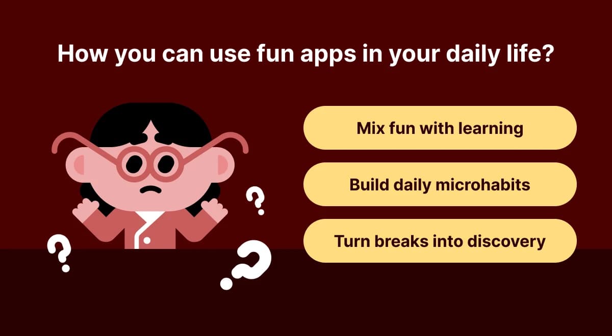 Illustrated confused monkey cartoon character surrounded by question marks next to three tips for using fun apps in daily life on a dark red background