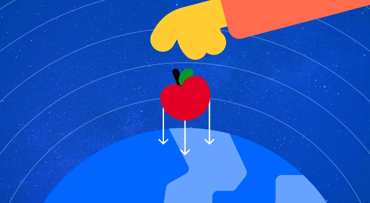 red apple being released by a yellow-gloved hand with downward gravity arrows over a blue Earth surface, referencing Newton's discovery and the history of science