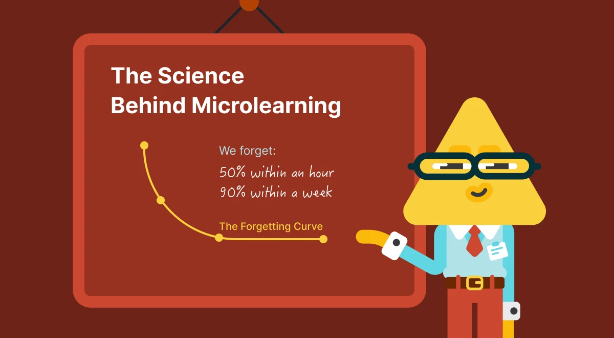 Cartoon teacher character pointing to a chalkboard illustrating the Forgetting Curve graph on a dark red background, explaining the science behind microlearning and knowledge retention