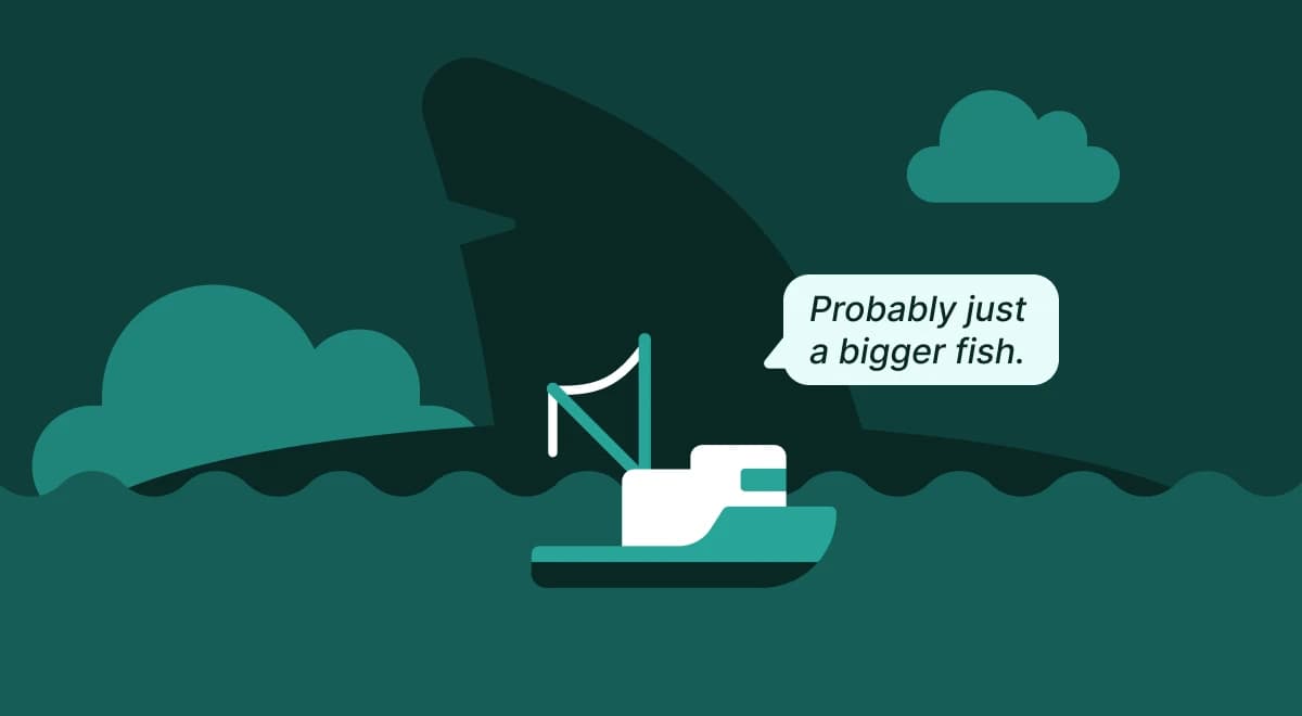 Illustrated fishing boat on teal ocean with a giant shark silhouette looming behind it, representing bite-size cinema lessons and movie trivia