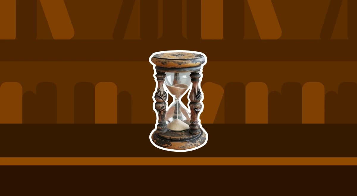 Antique hourglass centered on a dark brown wooden bookshelf background, symbolizing the passage of time in bite-size history lessons