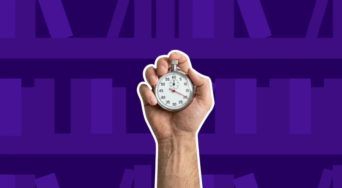 Hand gripping a silver stopwatch against a dark purple geometric background, representing how to learn faster and improve retention without cramming