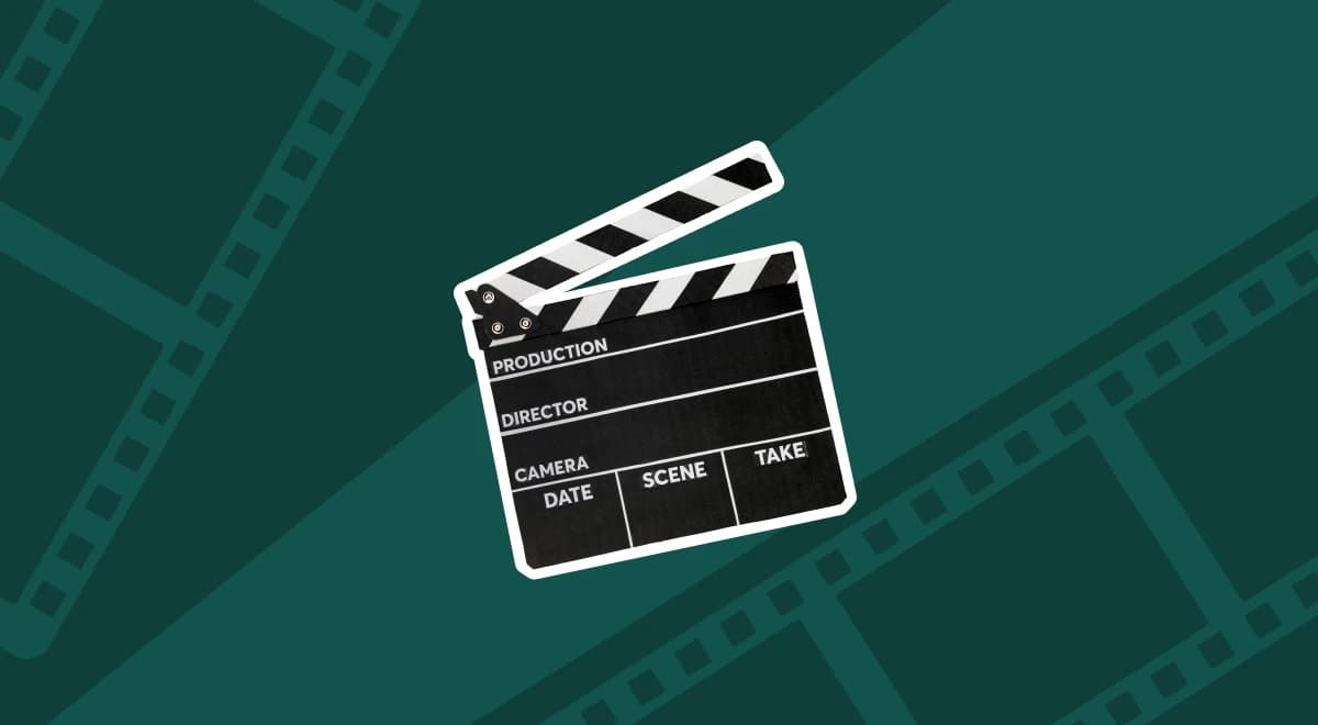 Movie clapperboard centered on a dark teal background with film strip reels, representing movie trivia and bite-size cinema lessons
