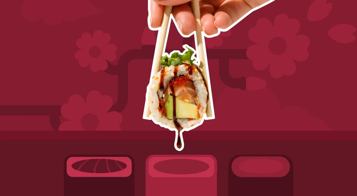 Hand holding a sushi roll with chopsticks against a dark red background with illustrated Japanese floral motifs and sushi plates, representing bite-sized learning for microlearning content
