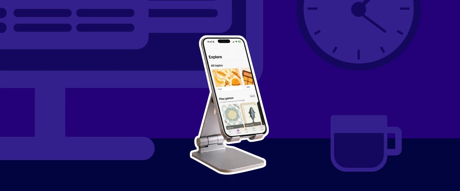 Smartphone on a stand displaying the Headway app book summary screen, set against a dark purple background with an illustrated clock and coffee mug, suggesting microlearning during daily routines