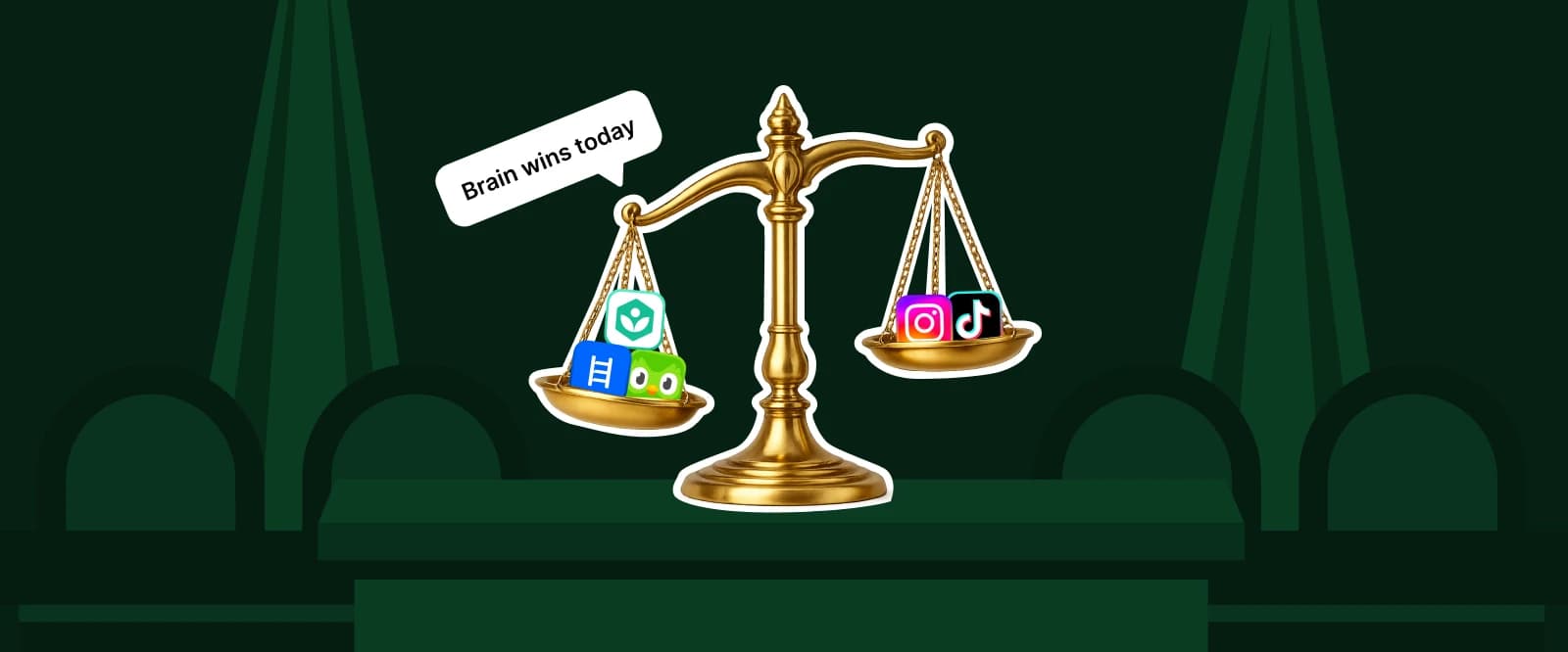 Gold balance scale weighing microlearning apps including Duolingo and Headway against social media apps Instagram and TikTok, on a dark green background with curtained arches