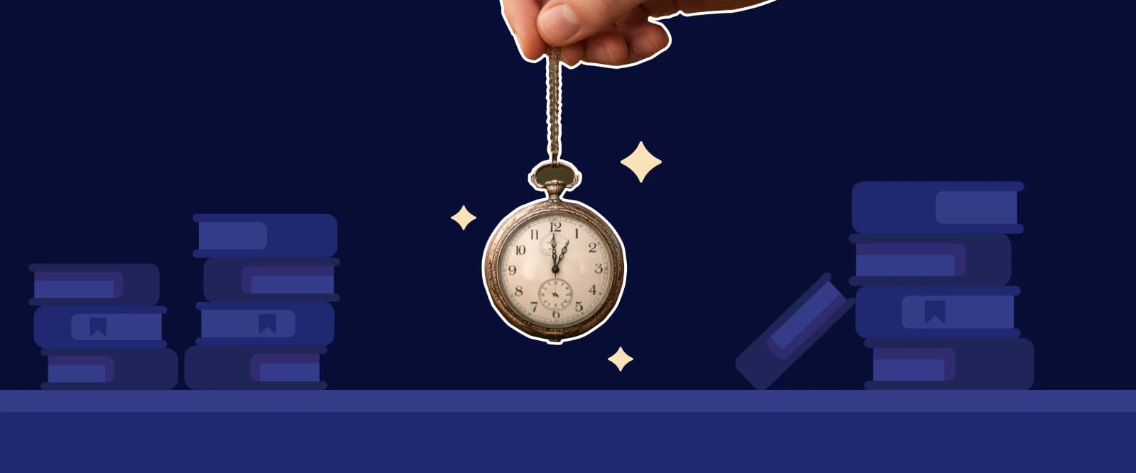 Hand holding a vintage pocket watch on a chain with sparkles, surrounded by illustrated stacks of books on a dark navy background, symbolizing time-efficient microlearning examples