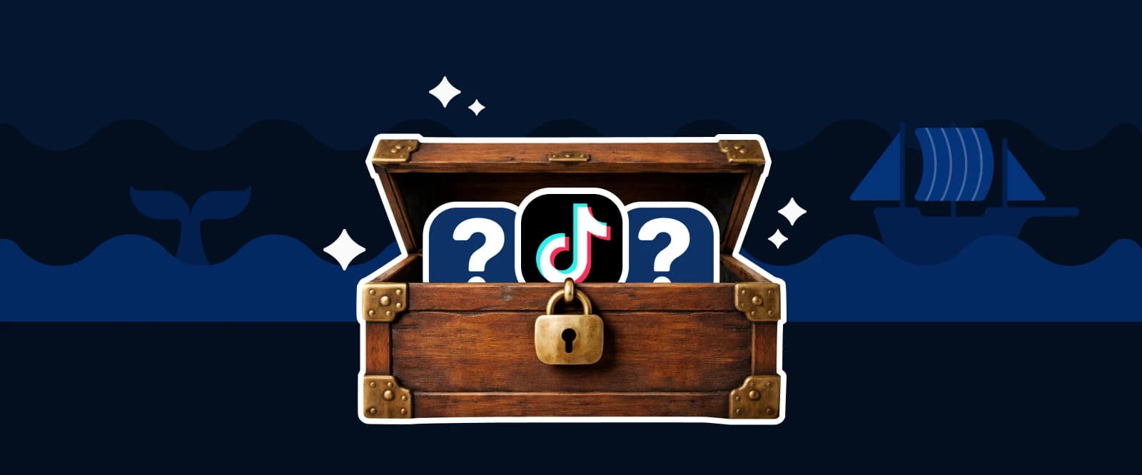 Locked wooden treasure chest displaying TikTok logo flanked by question marks on dark blue ocean background with whale and sailboat silhouettes, symbolizing TikTok algorithm mystery
