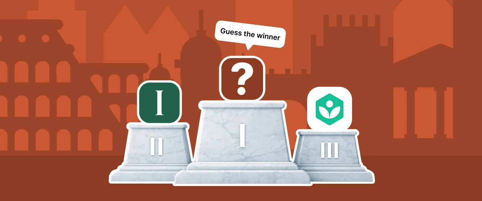 Illustrated competition podium ranking microlearning apps with Imprint second and Khan Academy third, mystery winner in first place, on a terracotta background with Roman Colosseum silhouette