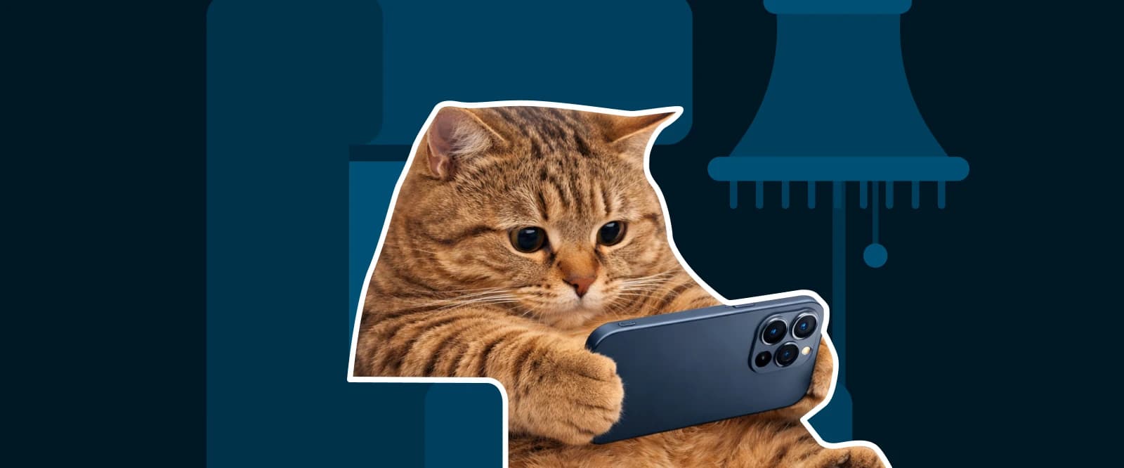 Tabby cat holding a smartphone on a dark teal background with a shower silhouette, illustrating a doomscrolling habit and social media overuse