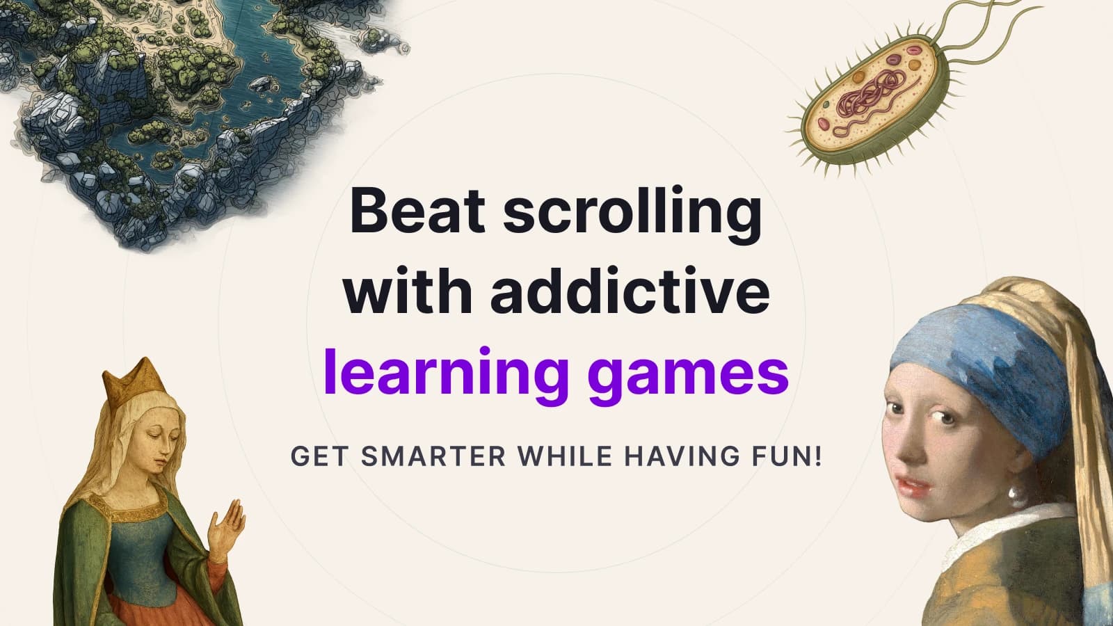 Learning games banner featuring classical art portraits with Girl with Pearl Earring promoting bite-sized educational lessons