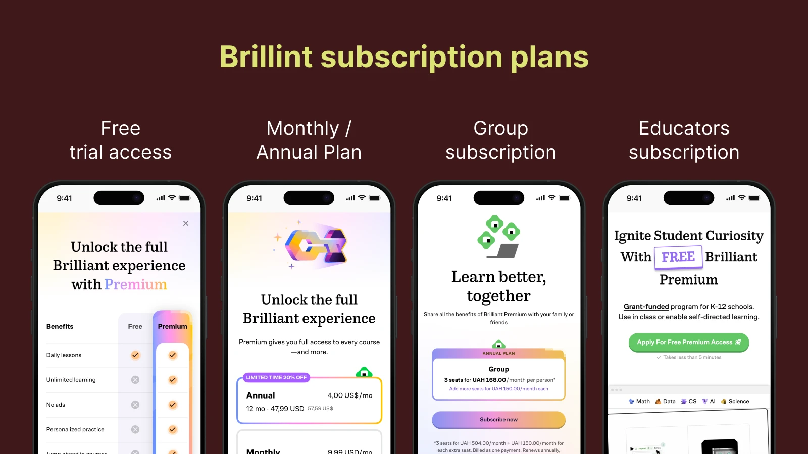 Brilliant subscription plans comparison showing pricing for free trial, monthly, group, and educators premium options on mobile screens