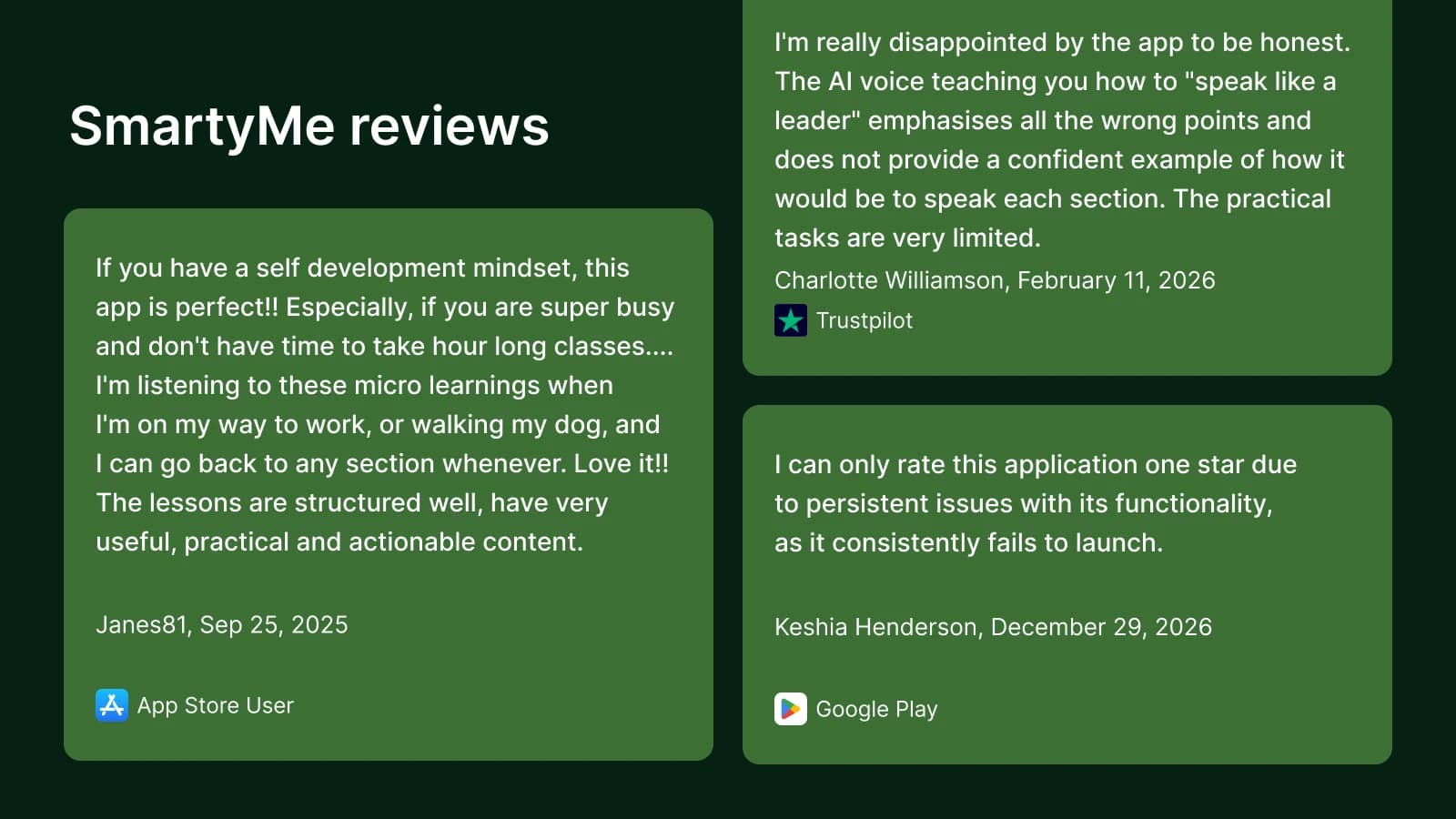 SmartyMe reviews from App Store and Trustpilot, mixed ratings, scam concerns