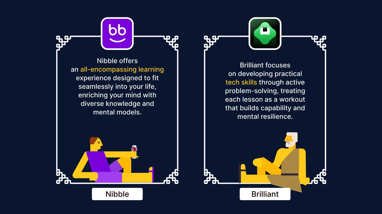 Nibble app vs Brilliant comparison showing bite-sized learning approach versus focused lessons with illustrated users on dark blue background