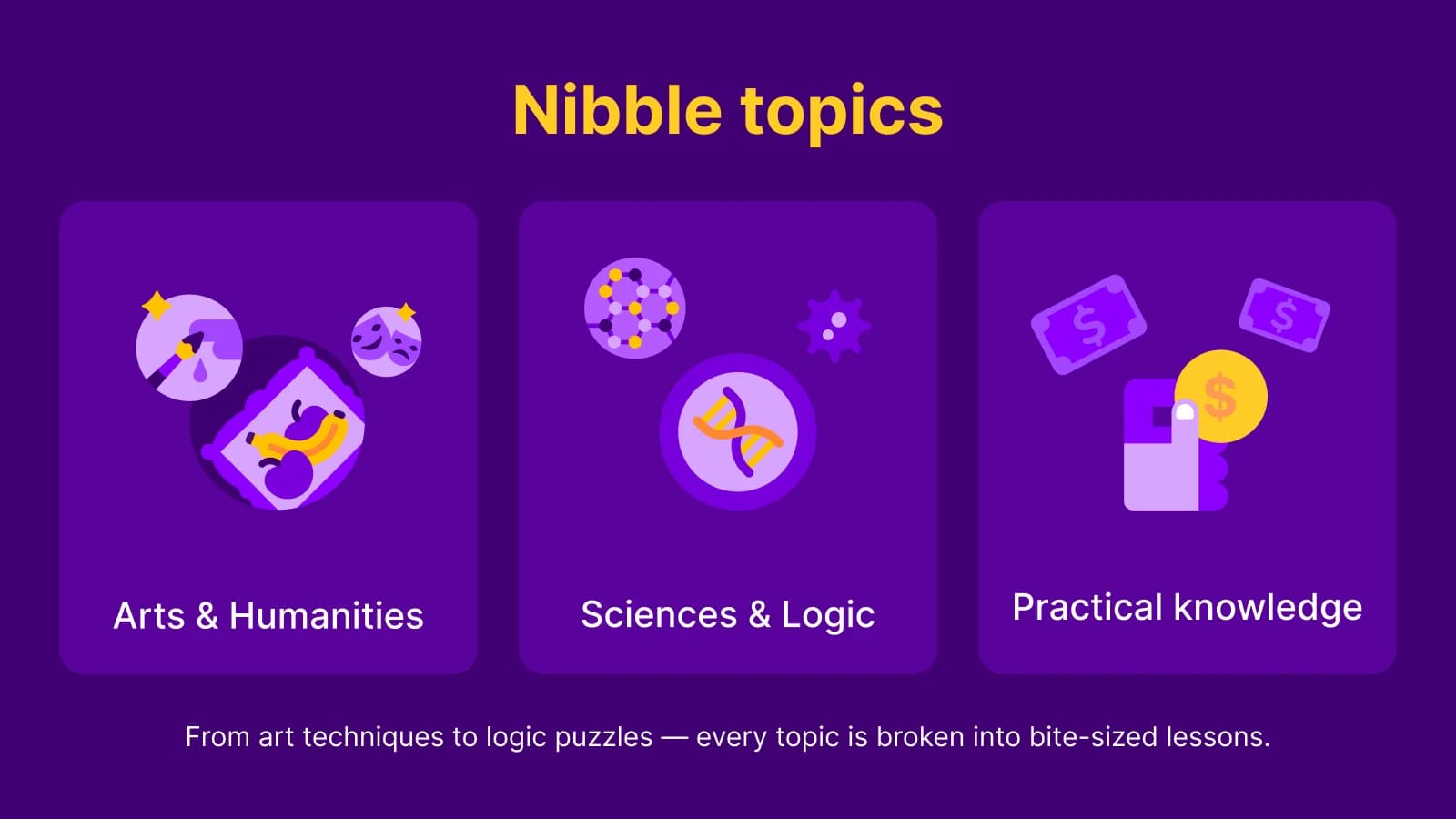 Nibble app topics display showing three purple cards for Arts & Humanities, Sciences & Logic, and Practical knowledge with bite-sized lessons on purple background